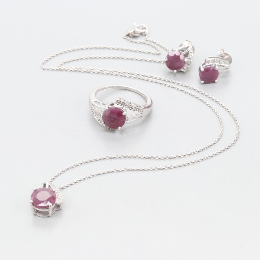 Sterling Silver Ruby and Diamond Necklace, Ring and Earrings