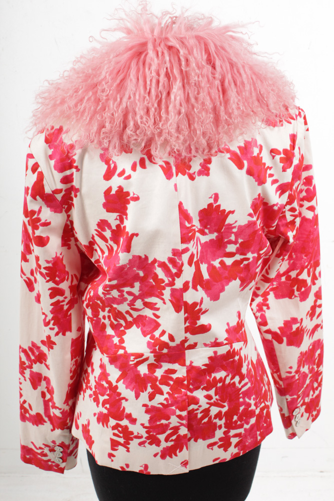Women's Patterned Pink and White Jacket with Dyed Mongolian Lamb Fur Collar