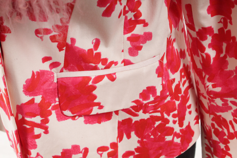 Women's Patterned Pink and White Jacket with Dyed Mongolian Lamb Fur Collar