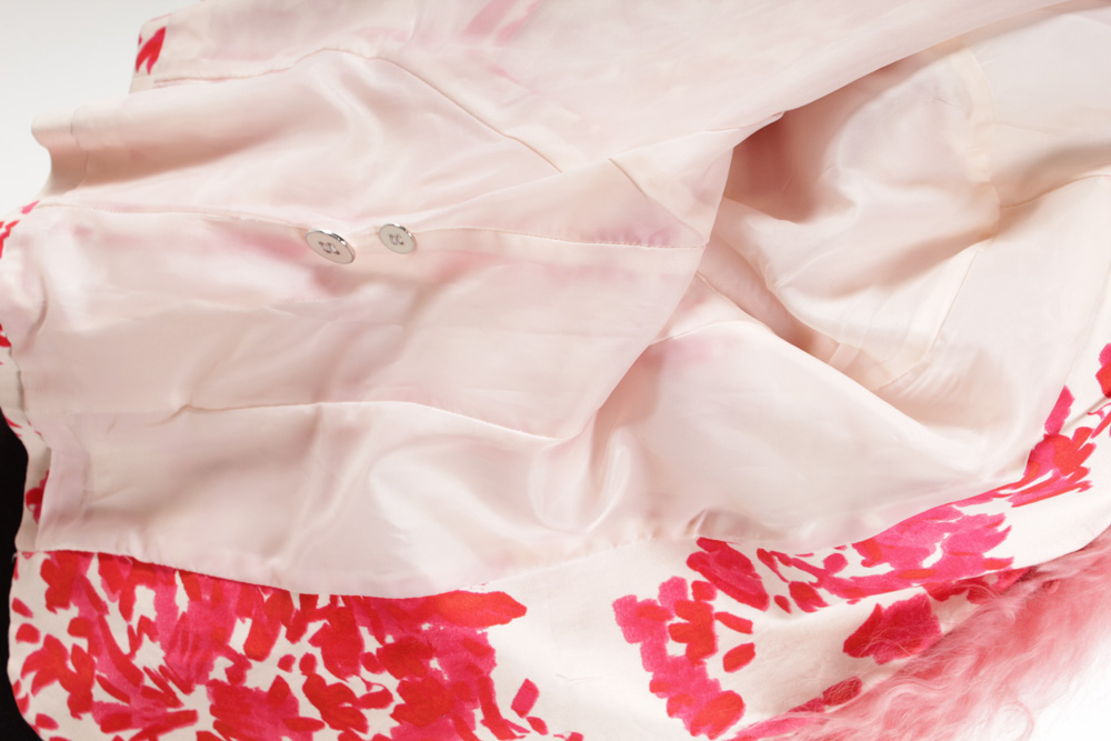 Women's Patterned Pink and White Jacket with Dyed Mongolian Lamb Fur Collar