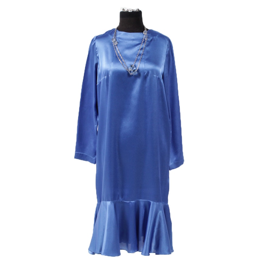 Vintage Blue Satin Dress with Silver Tone Crystal Necklace