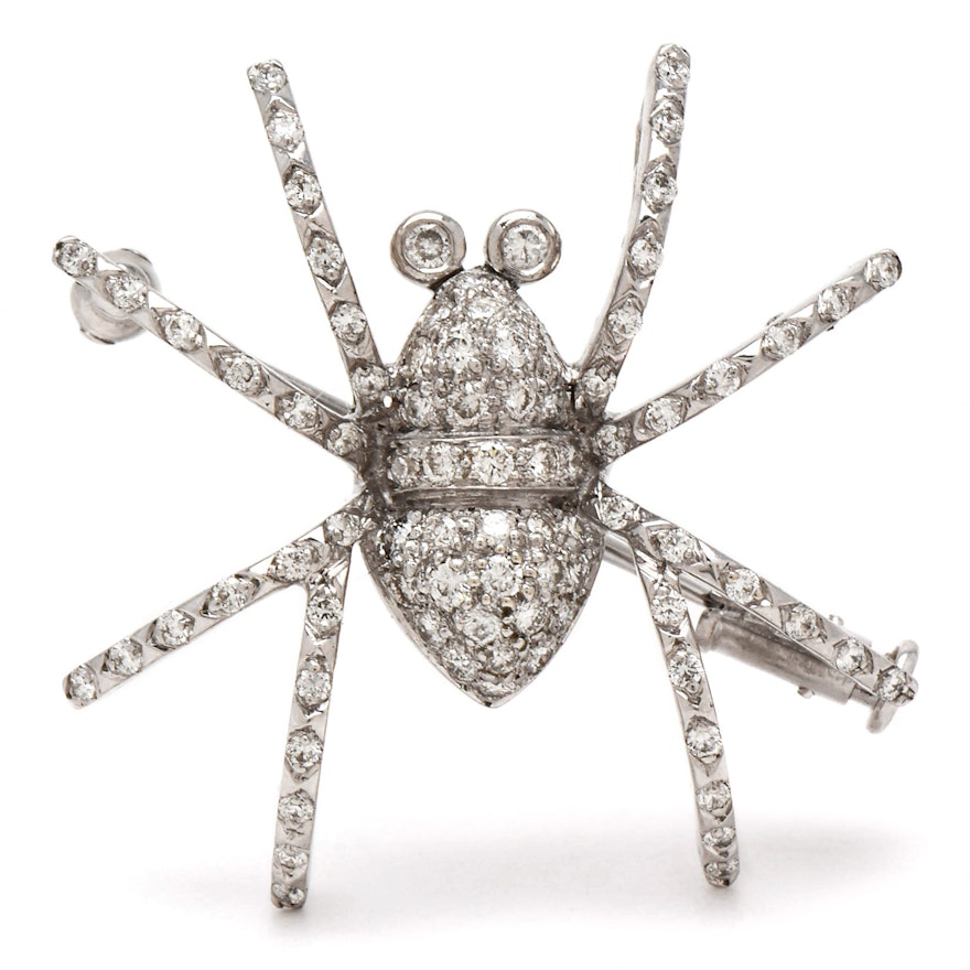 18K White Gold Diamond Spider Brooch with 14K White Gold Stem Pin