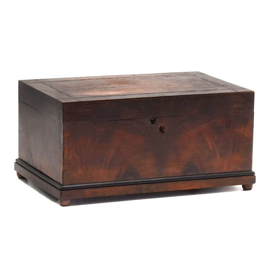 19th Century Mahogany Veneer Jewelry Box With Hidden Drawers