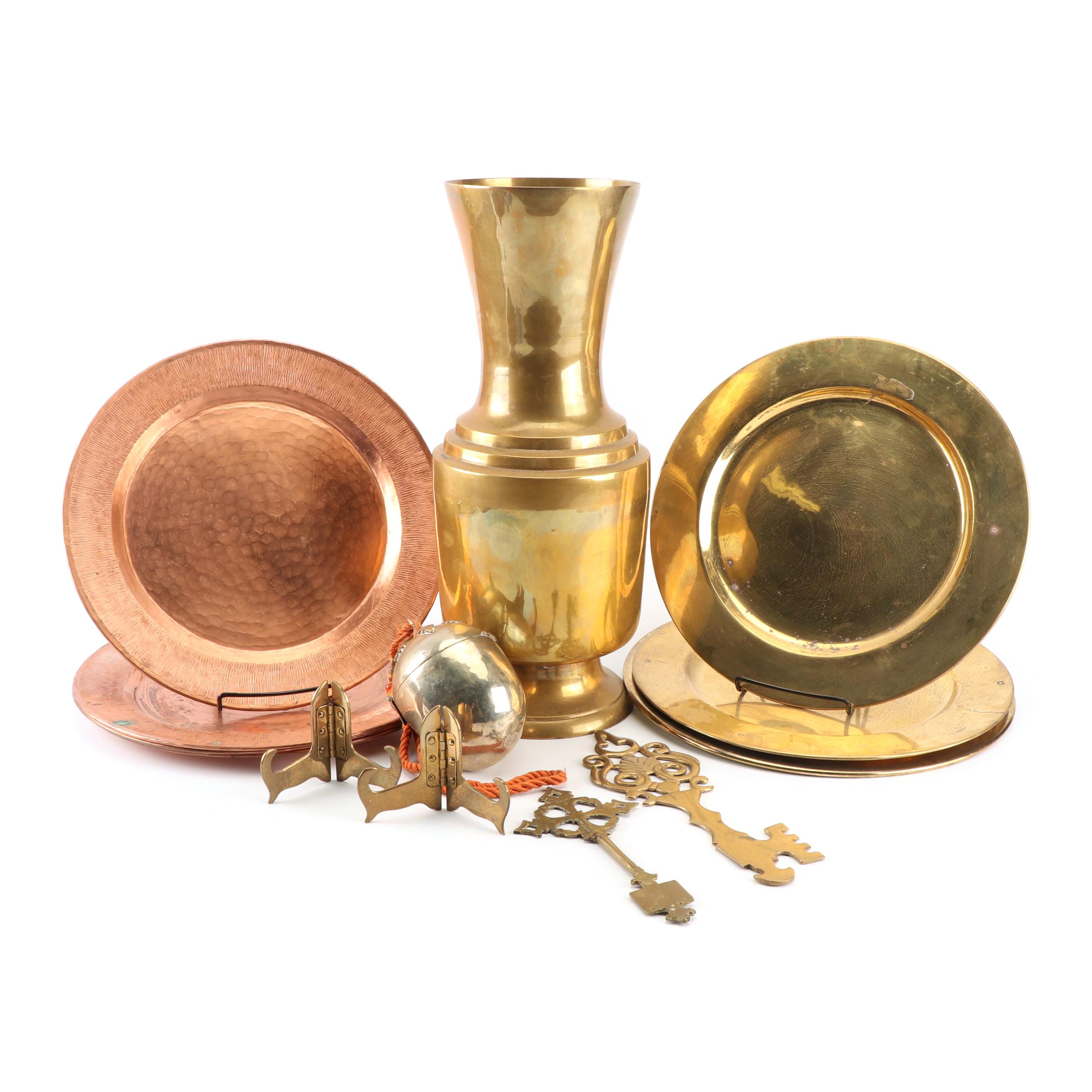 Brass and Copper Chargers, Vase and Decor