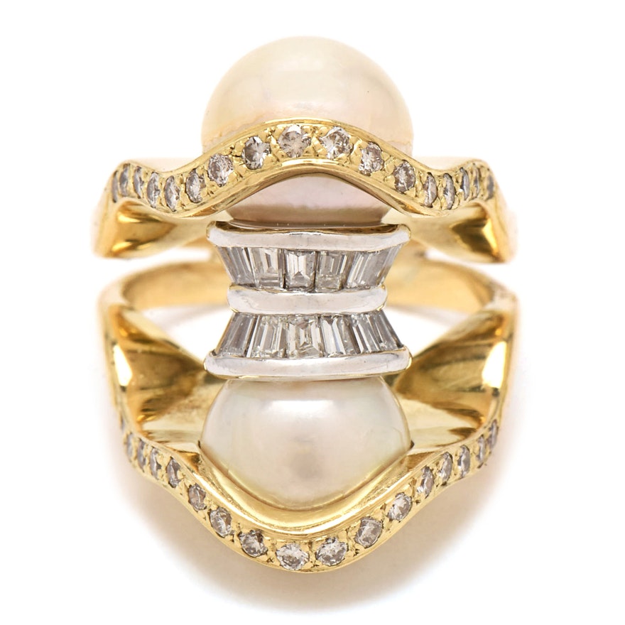 18K Yellow Gold Cultured Pearl and Diamond Split Shank, Barrel Statement Ring