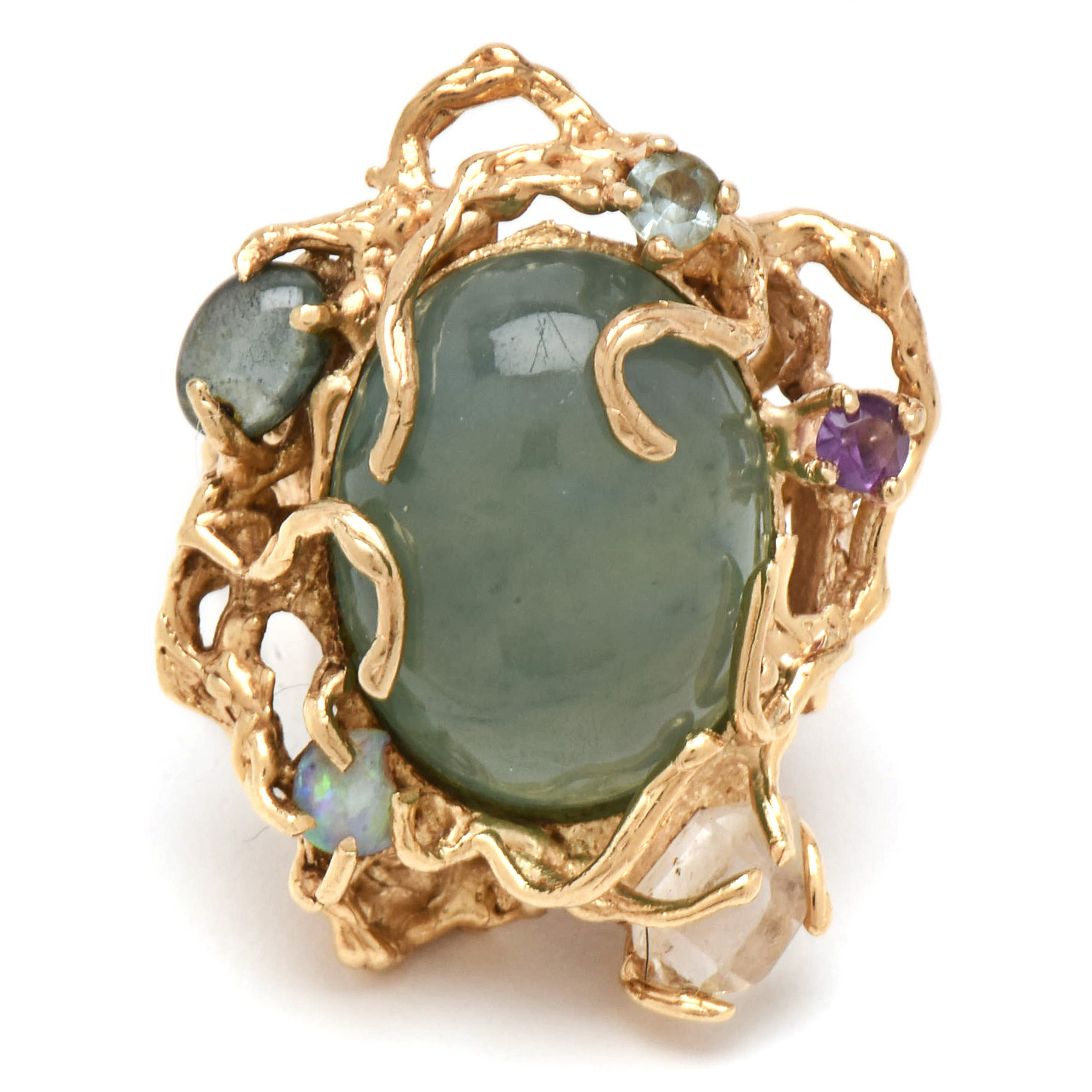14K Yellow Gold 37.87 CT Unenhanced Jadeite and Gemstone Statement Ring