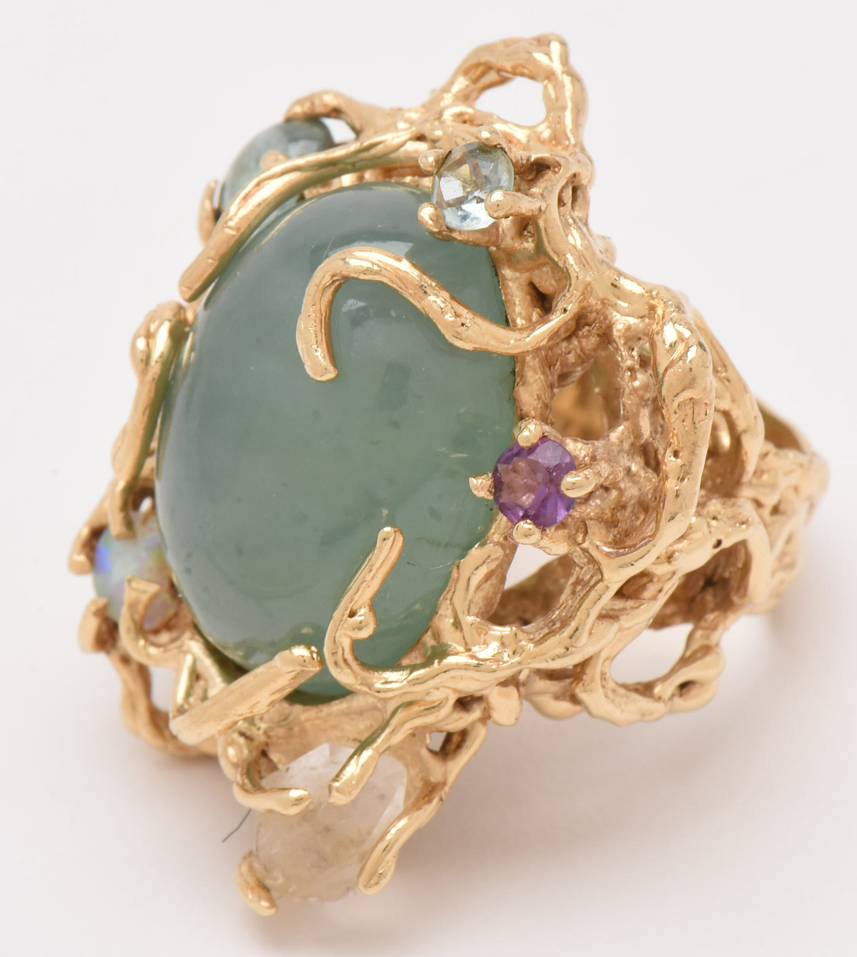 14K Yellow Gold 37.87 CT Unenhanced Jadeite and Gemstone Statement Ring