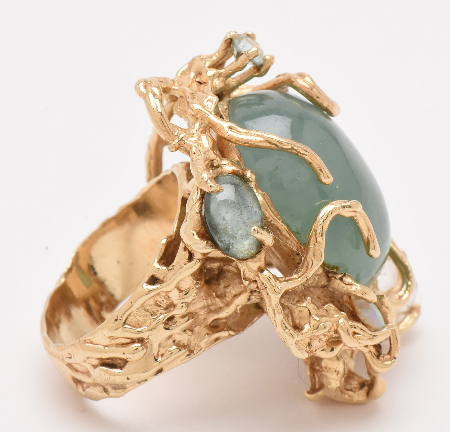 14K Yellow Gold 37.87 CT Unenhanced Jadeite and Gemstone Statement Ring