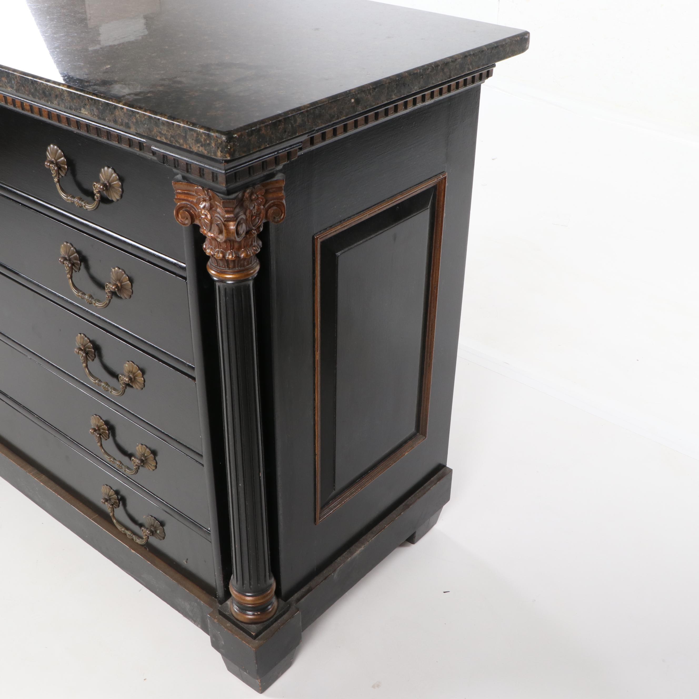 Classical Style Ebonized and Parcel-Gilt Chest with Marble Top, 20th Century