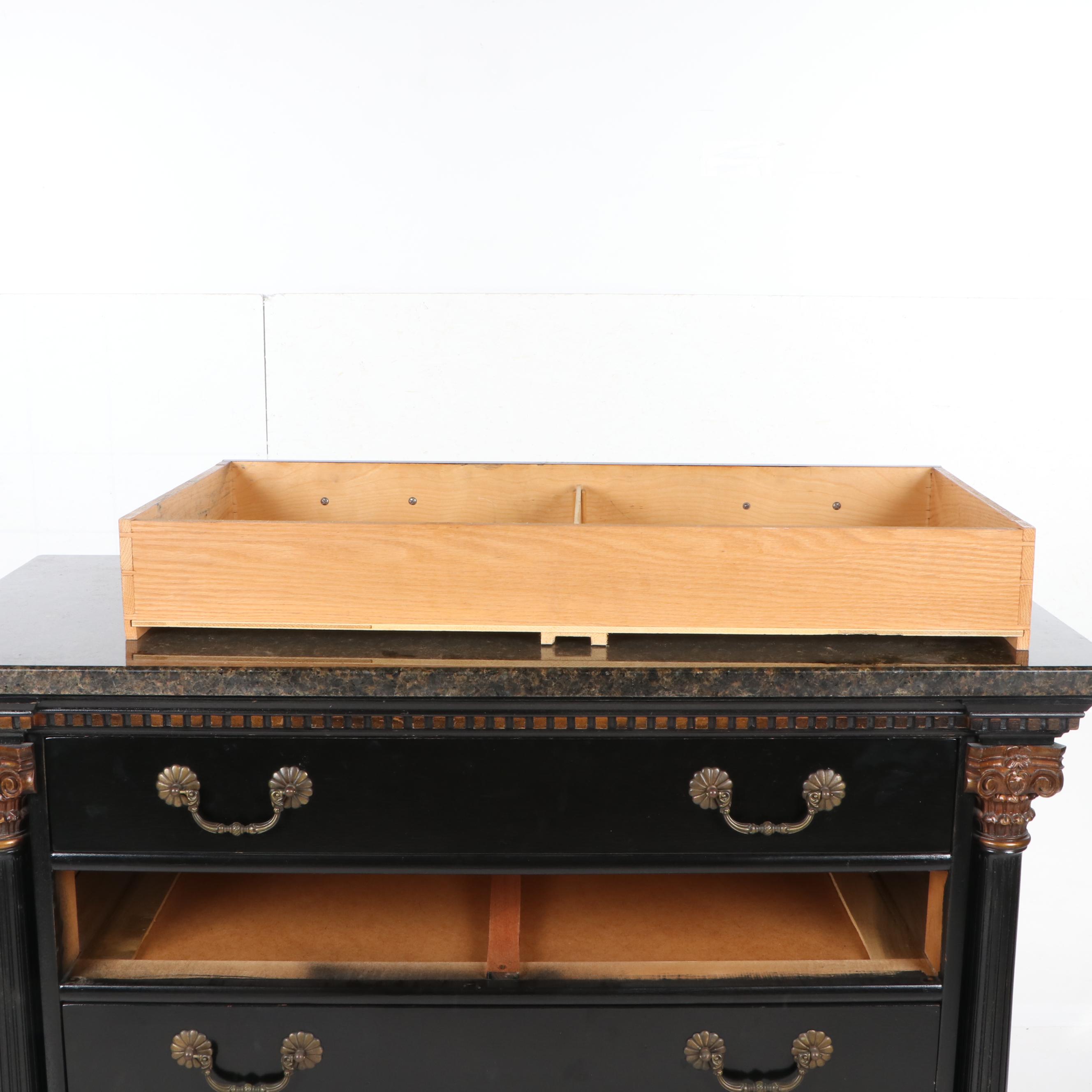Classical Style Ebonized and Parcel-Gilt Chest with Marble Top, 20th Century