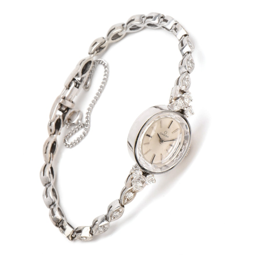 Omega 14K White Gold Diamond Wristwatch