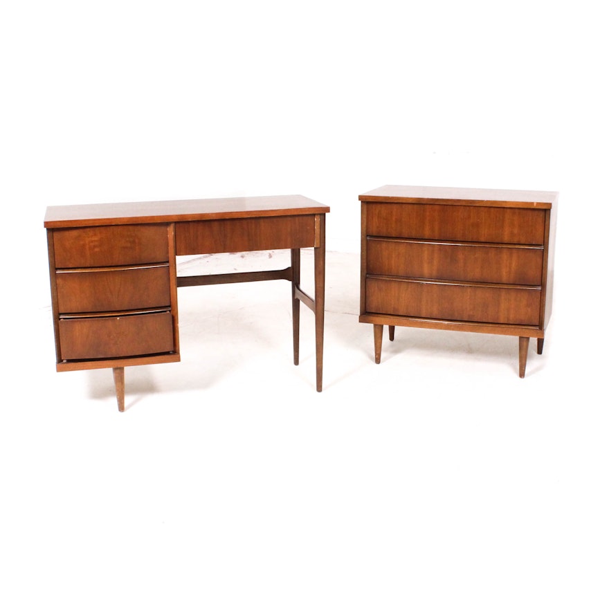 Walnut Mid Century Modern Desk and Dresser by Bassett Furniture