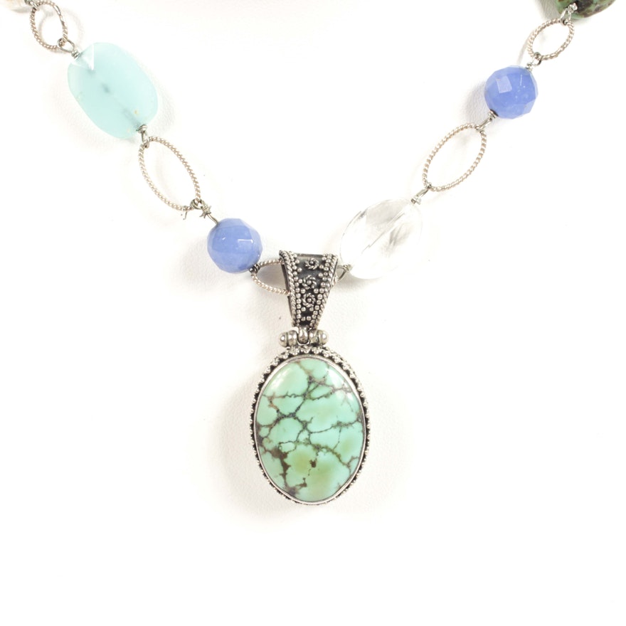 Sterling Silver, Turquoise, Chalcedony and Glass Bead Necklace