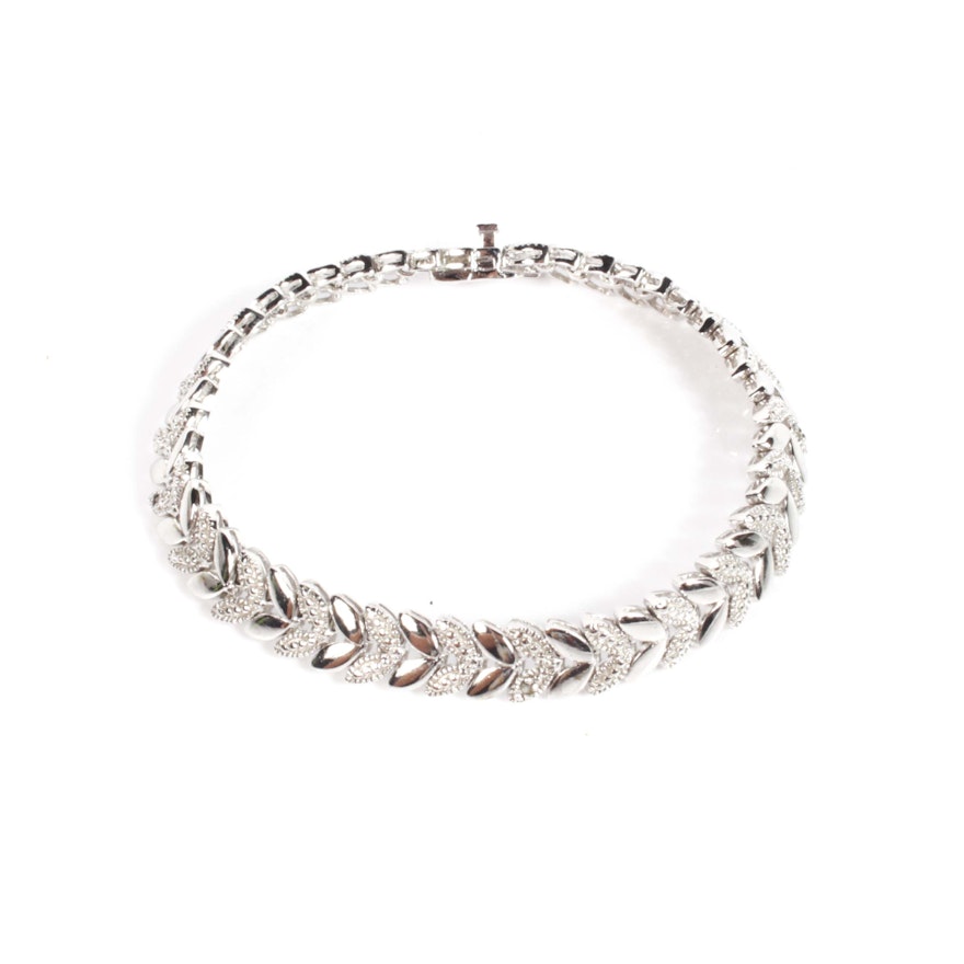Sterling Silver and Diamond Leaf Link Bracelet