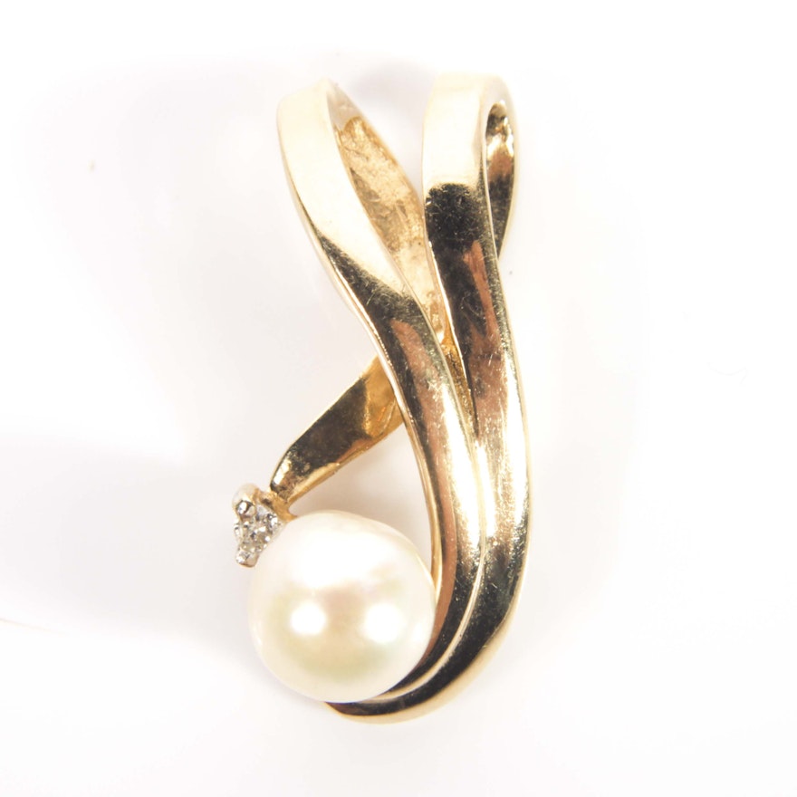 14K Yellow Gold, Cultured Pearl and Diamond Slide Pendant