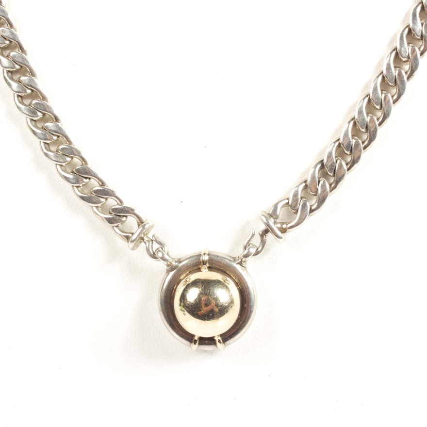 Sterling Silver and 14K Yellow Gold Center Dome Necklace