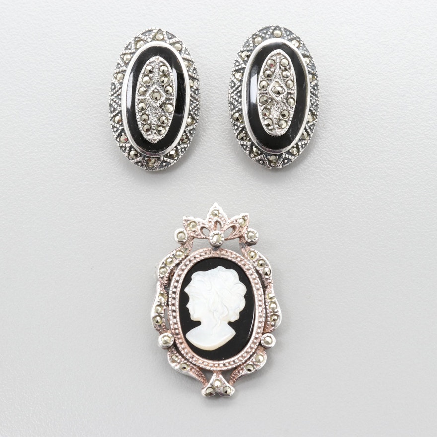 Sterling Silver Mother of Pearl, Marcasite and Black Onyx Brooch & Earrings