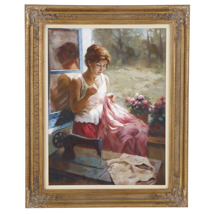 Oil Painting of Woman Seated in Window Sewing
