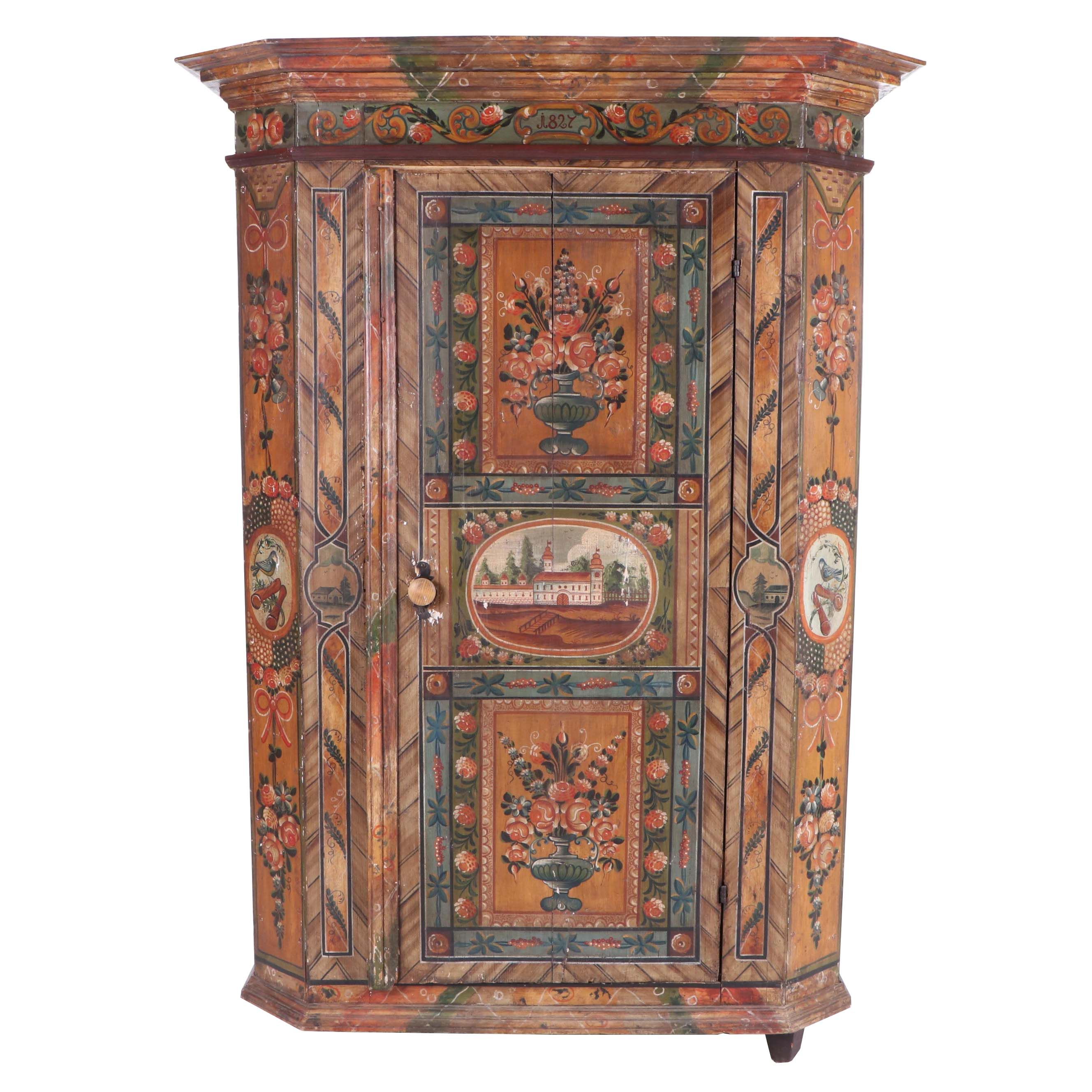 German Paint-Decorated Pine Armoire, Circa 1827