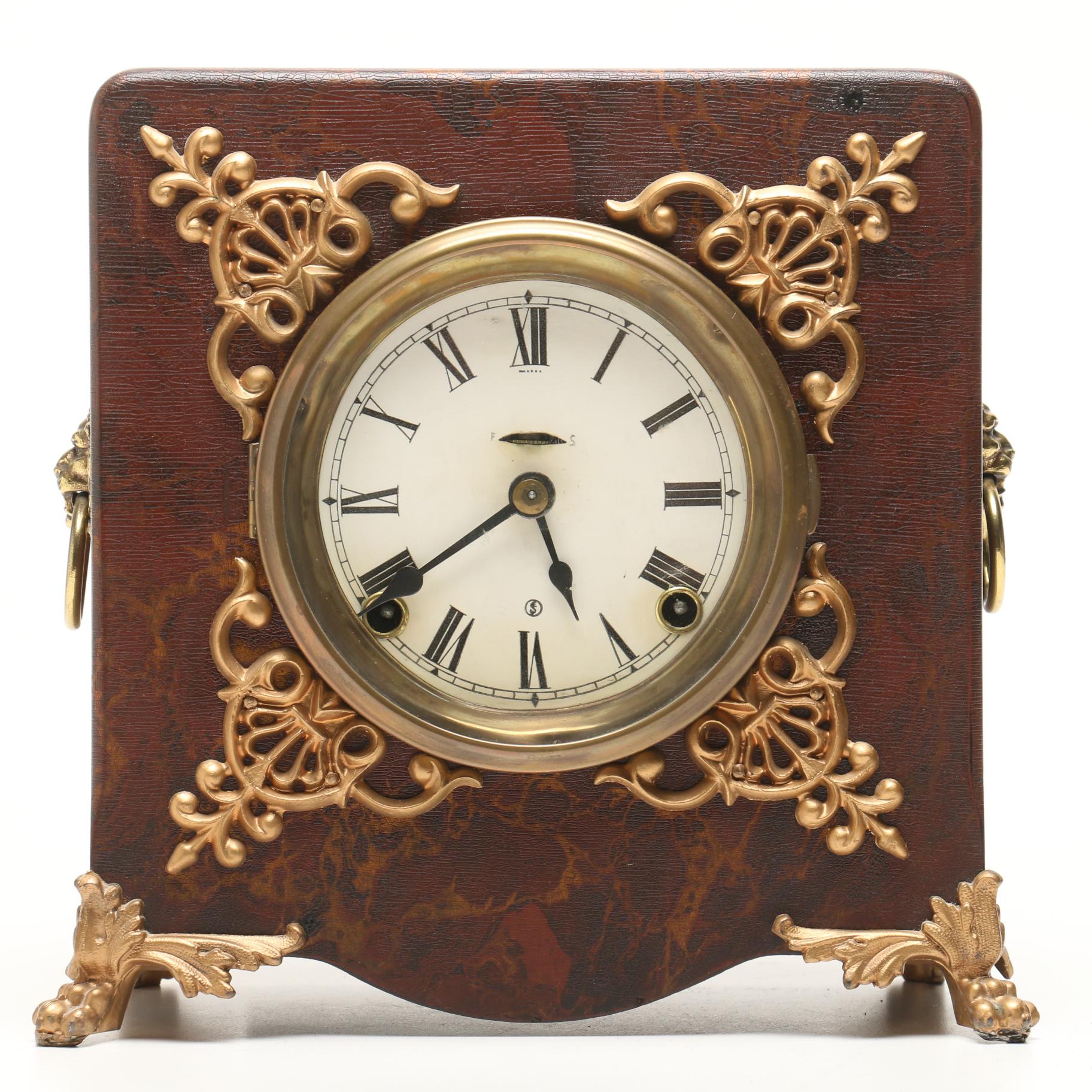 Ingraham Brass Mounted Mantel Clock with Lion Head Ring Handles