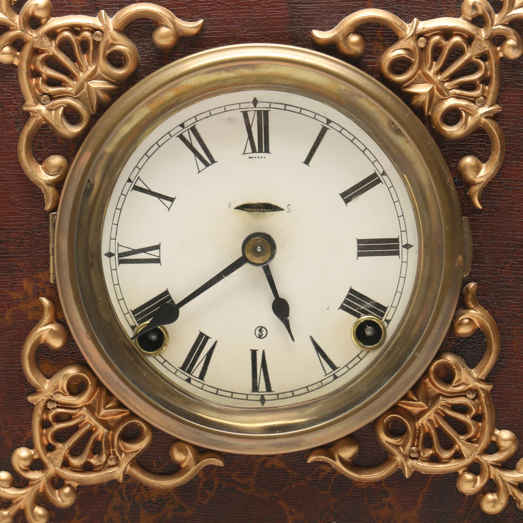 Ingraham Brass Mounted Mantel Clock with Lion Head Ring Handles