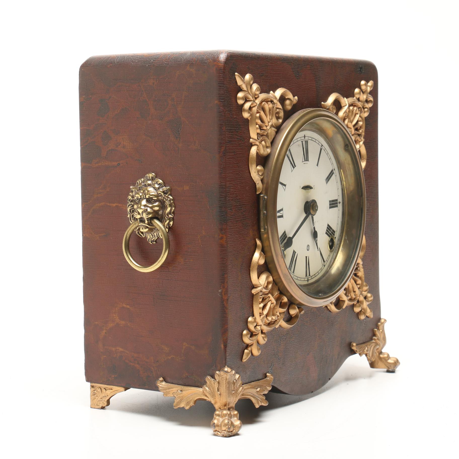 Ingraham Brass Mounted Mantel Clock with Lion Head Ring Handles