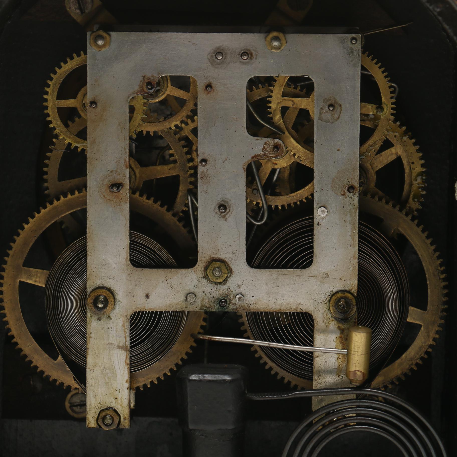 Ingraham Brass Mounted Mantel Clock with Lion Head Ring Handles