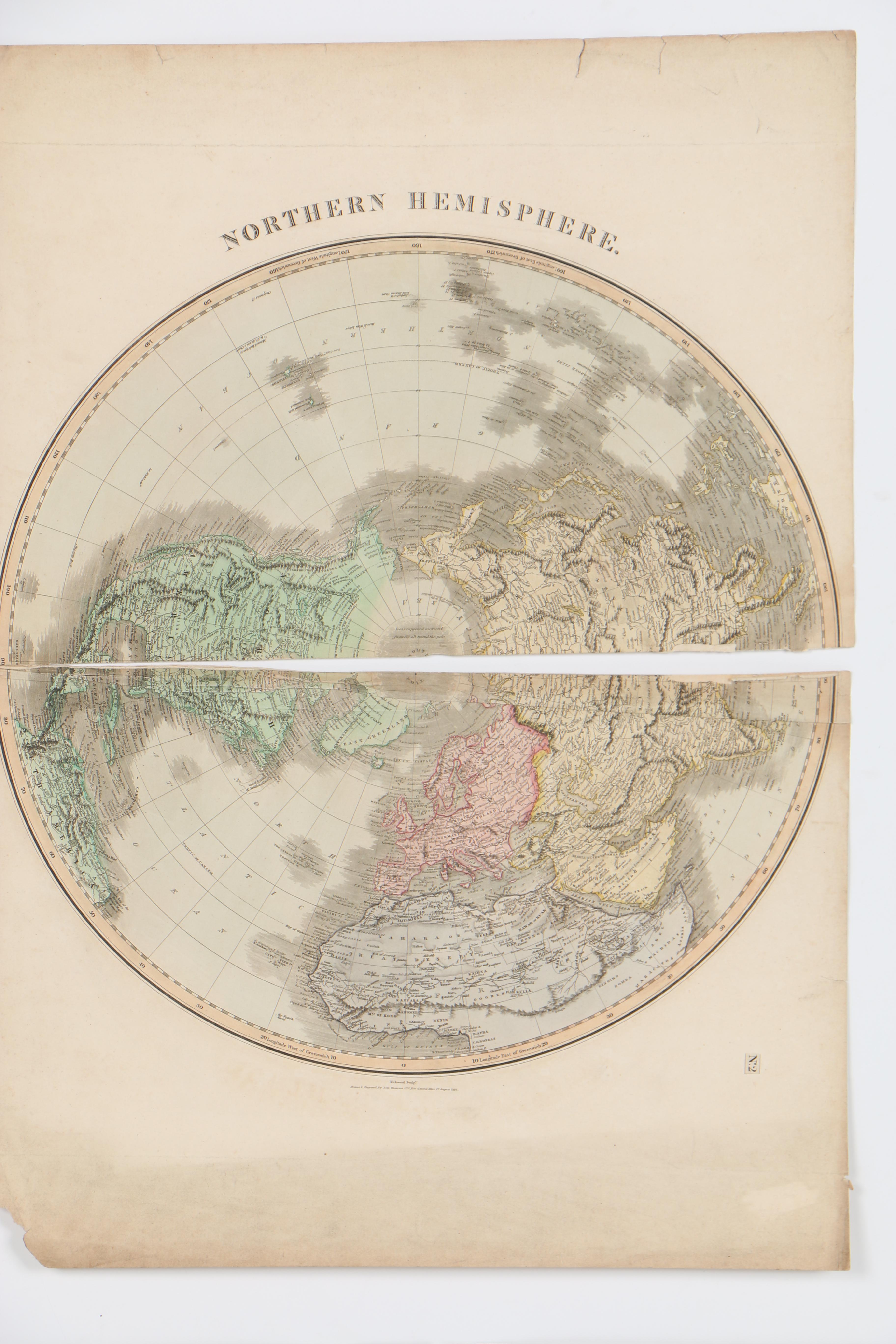 Hand-Colored Map Etchings "Northern Hemisphere" and "Southern Hemisphere"