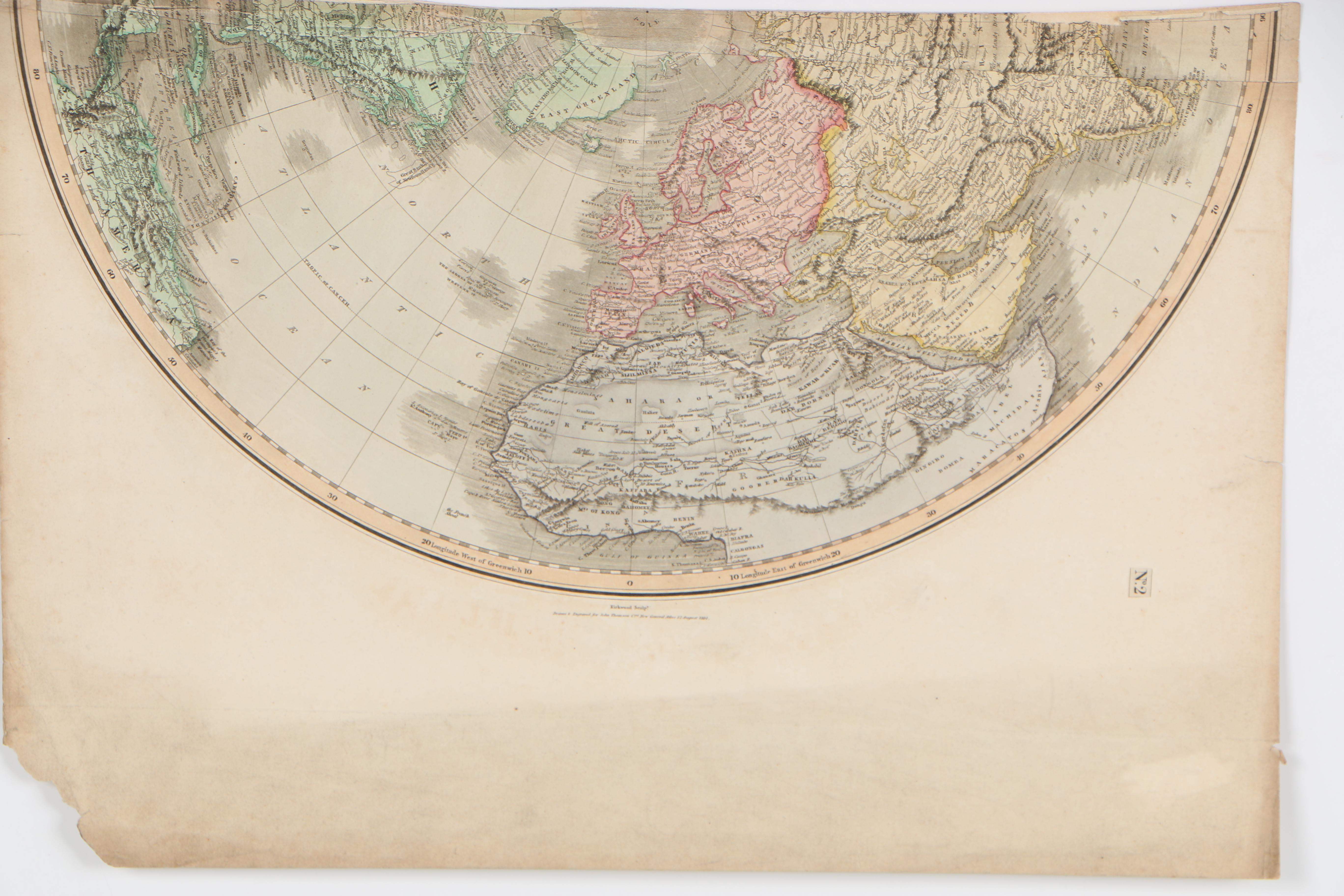 Hand-Colored Map Etchings "Northern Hemisphere" and "Southern Hemisphere"