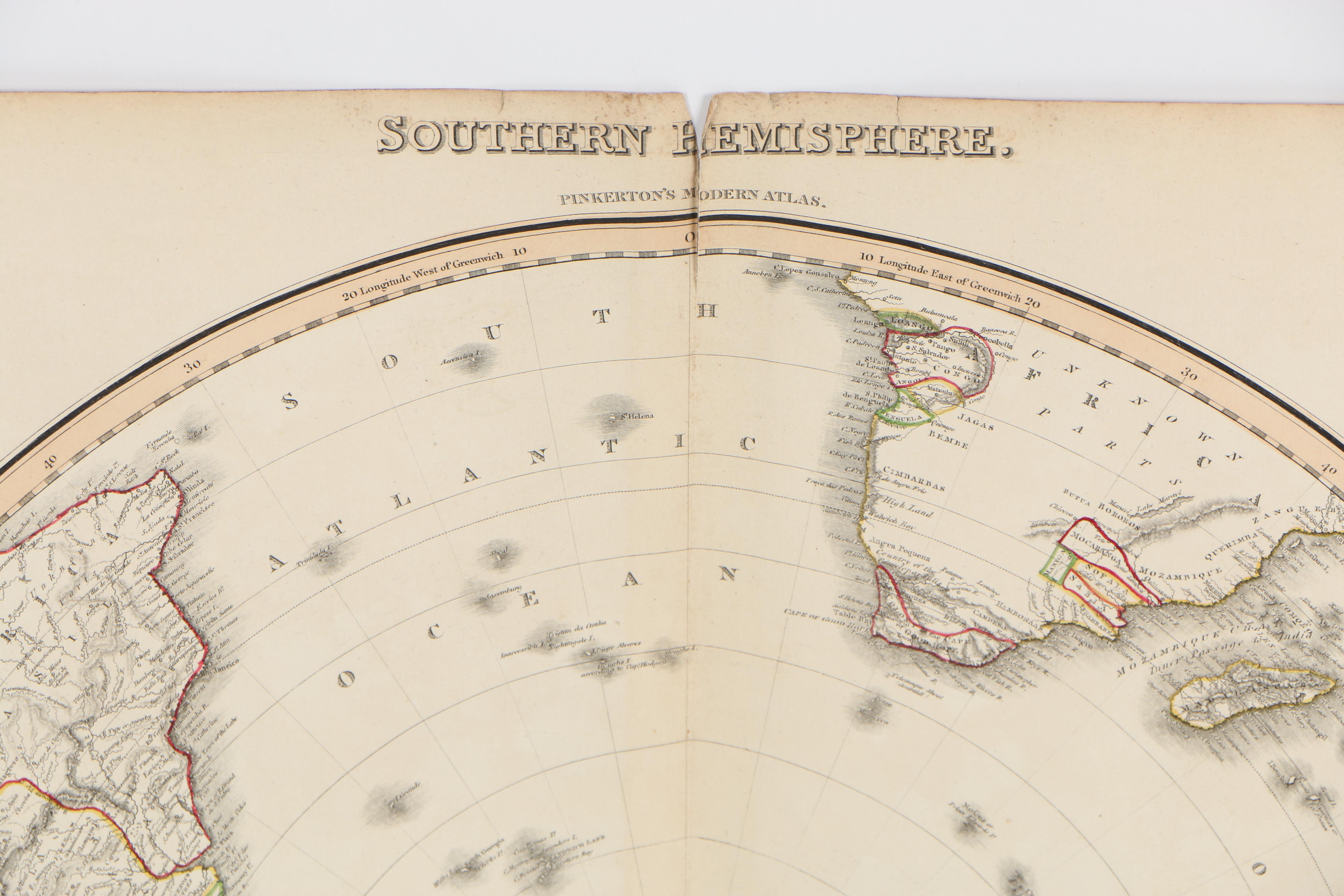 Hand-Colored Map Etchings "Northern Hemisphere" and "Southern Hemisphere"