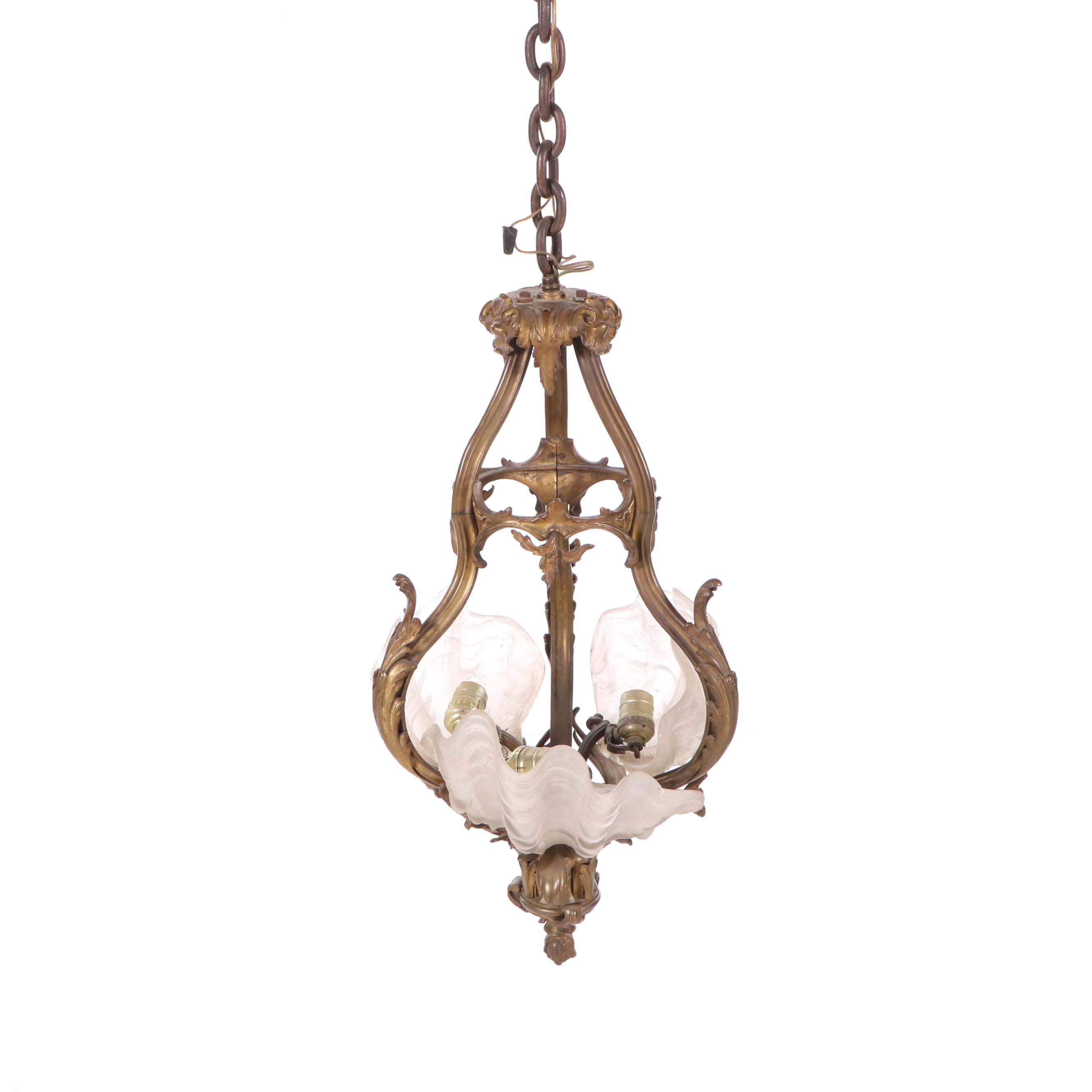 Art Nouveau Gilt Bronze Chandelier with Shell Form Glass Shades