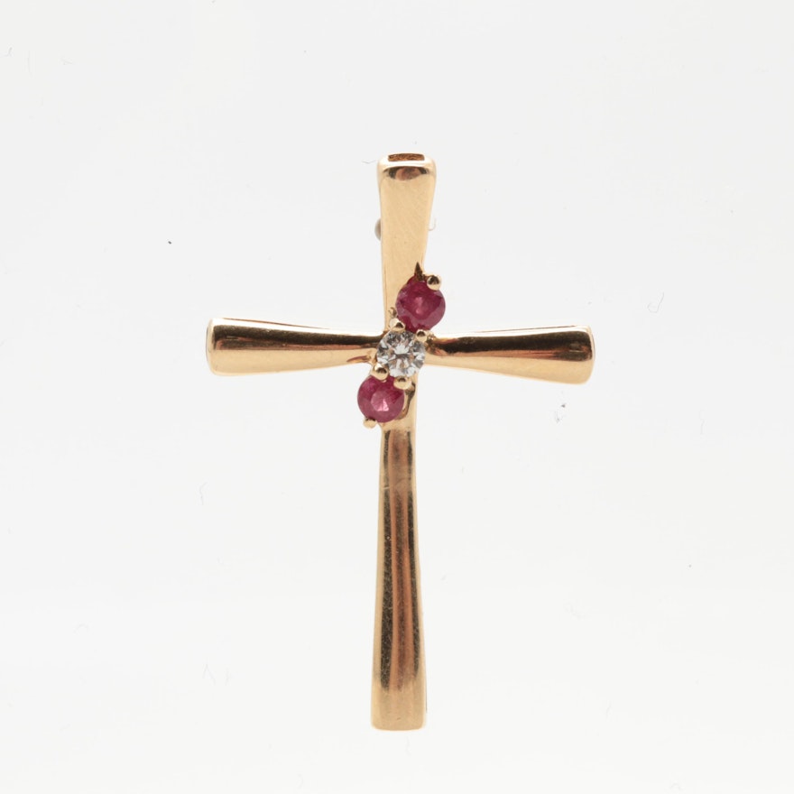 14K Yellow Gold Ruby and Diamond Cross Pendant