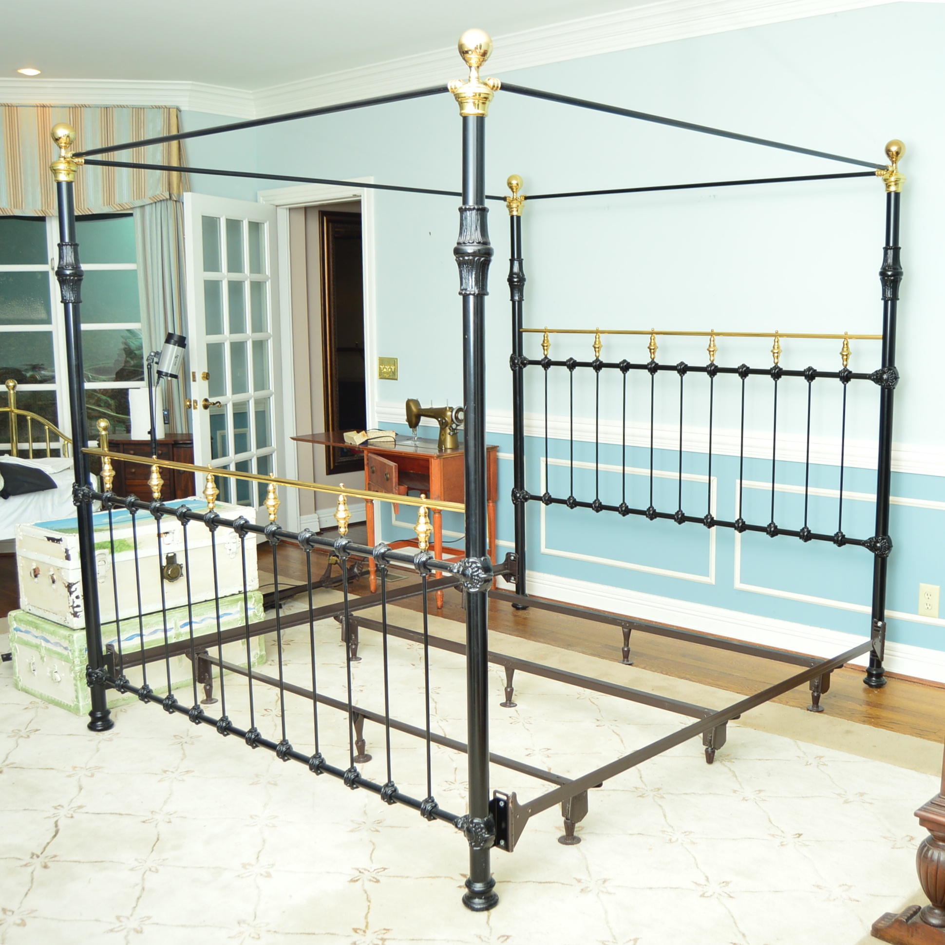 Victorian Style Black Iron King Canopy Bed with Brass Accents