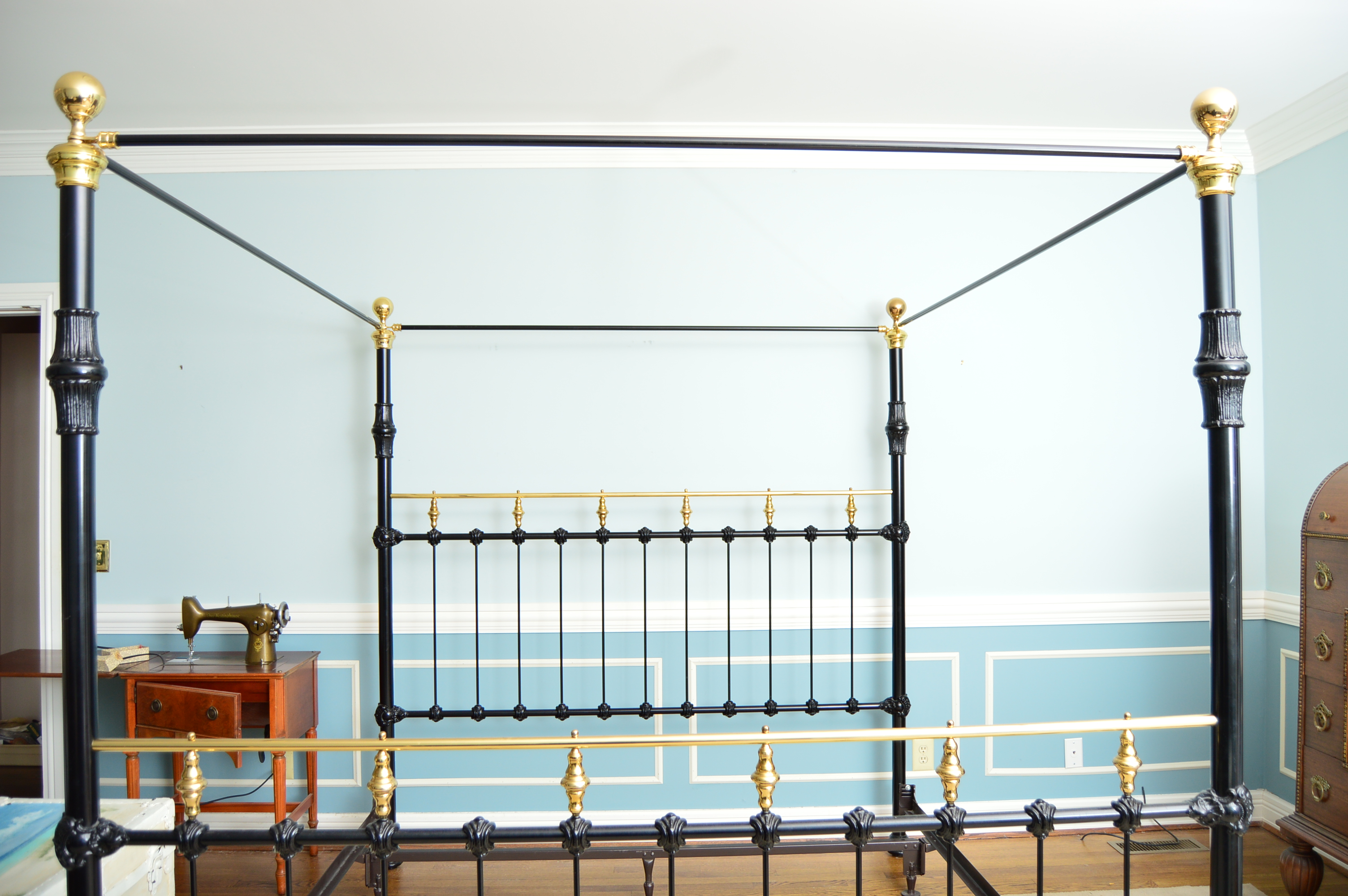 Victorian Style Black Iron King Canopy Bed with Brass Accents