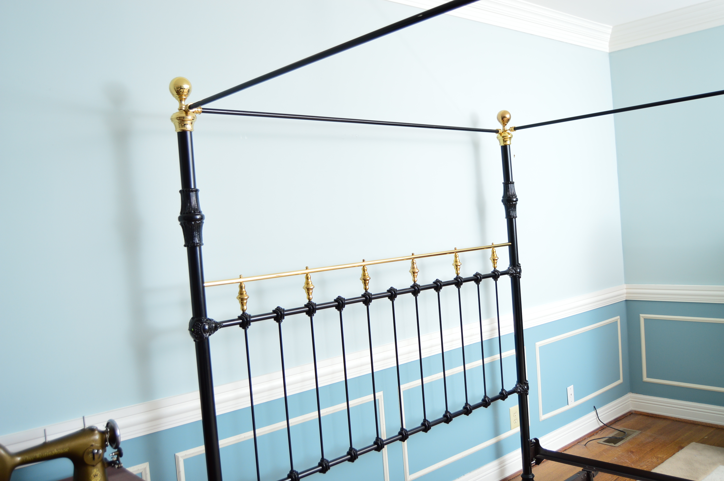 Victorian Style Black Iron King Canopy Bed with Brass Accents