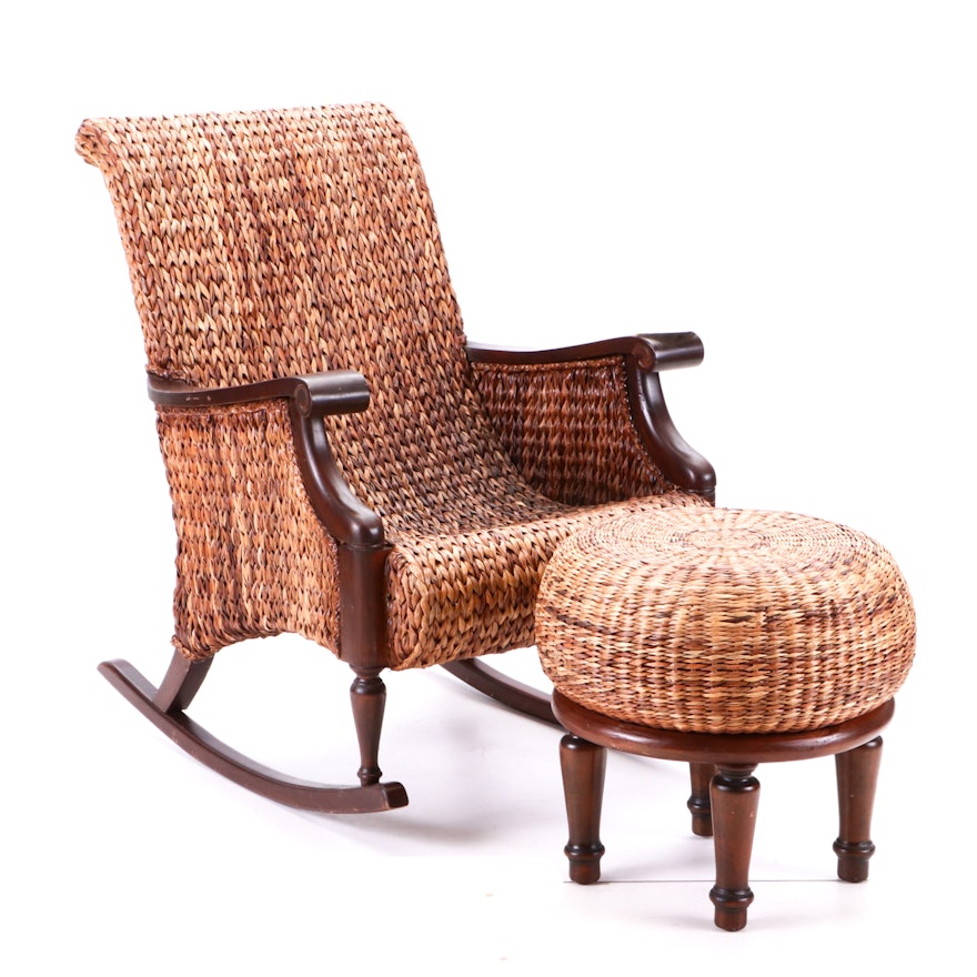 Woven Water Hyacinth Rocking Chair and Bauer International Rattan Foot Stool