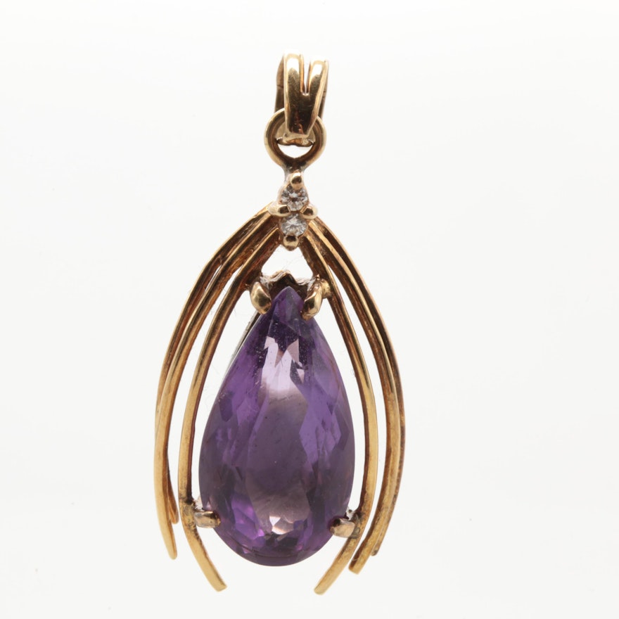 14K Yellow Gold 5.87 CT Amethyst and Diamond Pendant