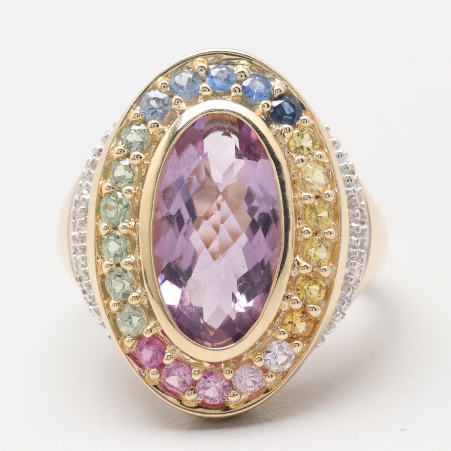14K Yellow Gold Amethyst, Multi Color Sapphire and Diamond Ring