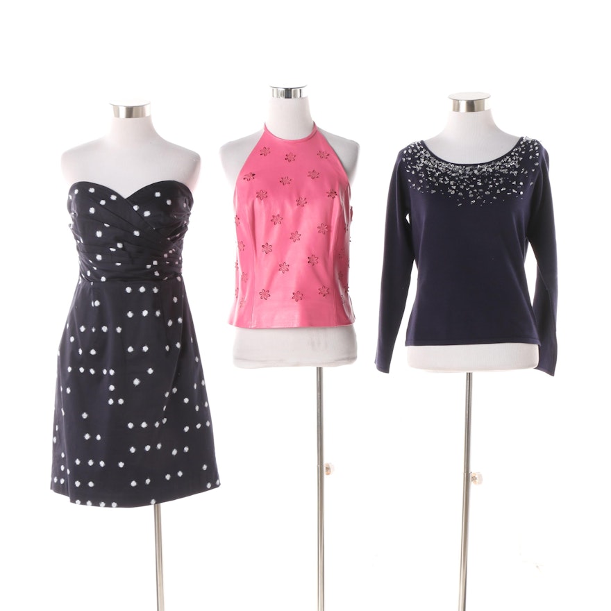 Worth Pink Leather Halter and Beaded Sweater with H&M Polka Dot Strapless Dress