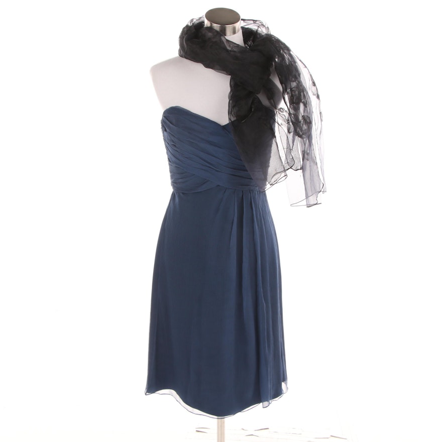 Amsale Blue Silk Strapless Cocktail Dress with a Sheer Black Scarf