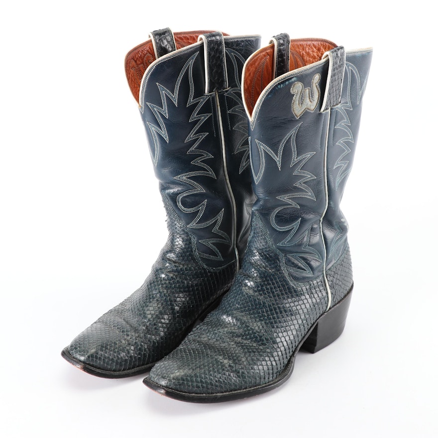 Women's Vintage Blue Leather and Dyed Snakeskin Cowboy Boots