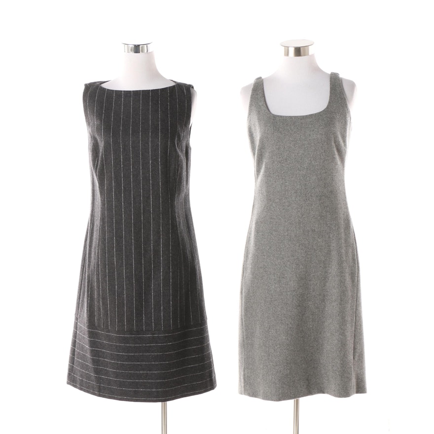 Charles Nolan Grey Pinstriped and Aeve Salt and Pepper Sleeveless Wool Dresses