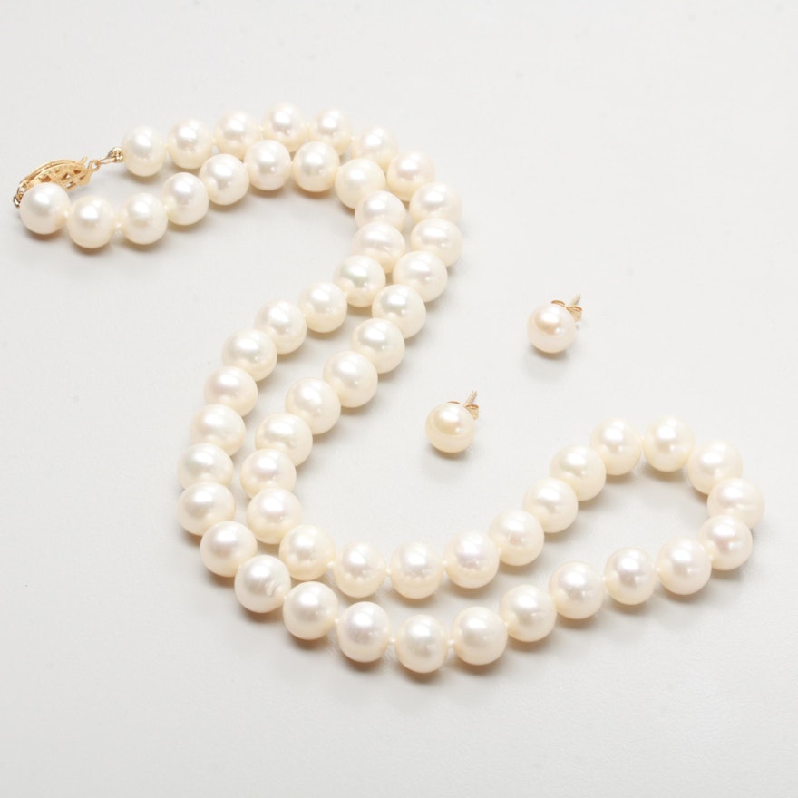 14K Yellow Gold Cultured Pearl Necklace and Stud Earring Set