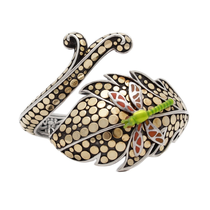 John Hardy Sterling Silver 18K Yellow Gold Ayu Leaf and Enamel Dragonfly Bangle