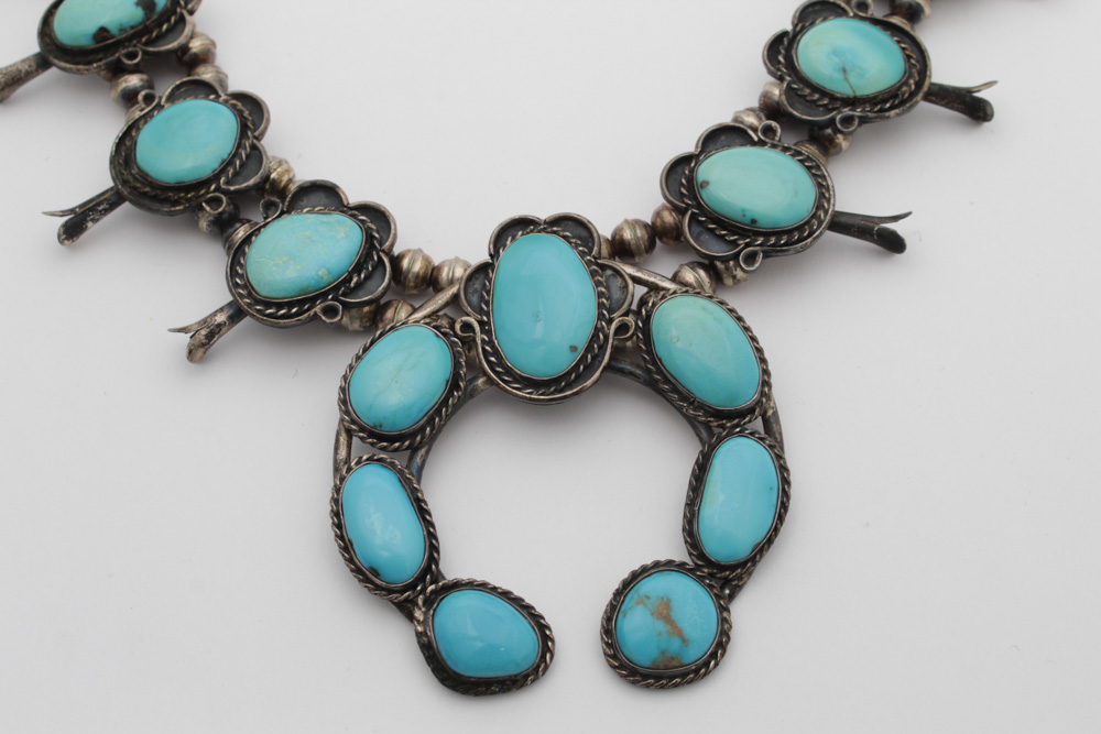 Native American Style Sterling Silver Turquoise Squash Blossom Necklace
