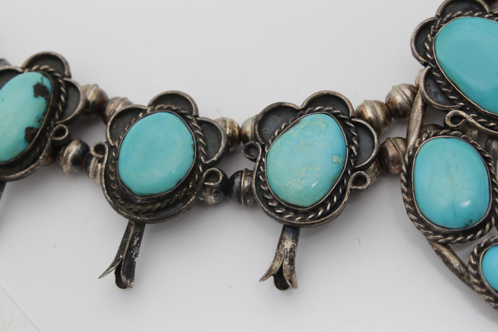 Native American Style Sterling Silver Turquoise Squash Blossom Necklace