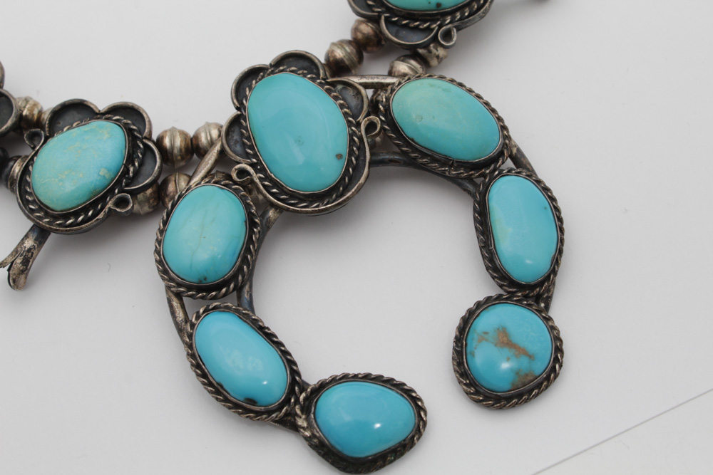 Native American Style Sterling Silver Turquoise Squash Blossom Necklace