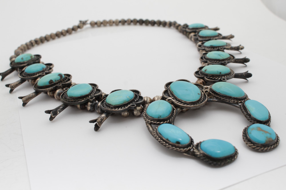 Native American Style Sterling Silver Turquoise Squash Blossom Necklace