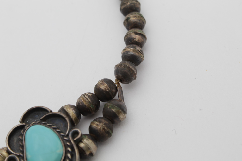 Native American Style Sterling Silver Turquoise Squash Blossom Necklace