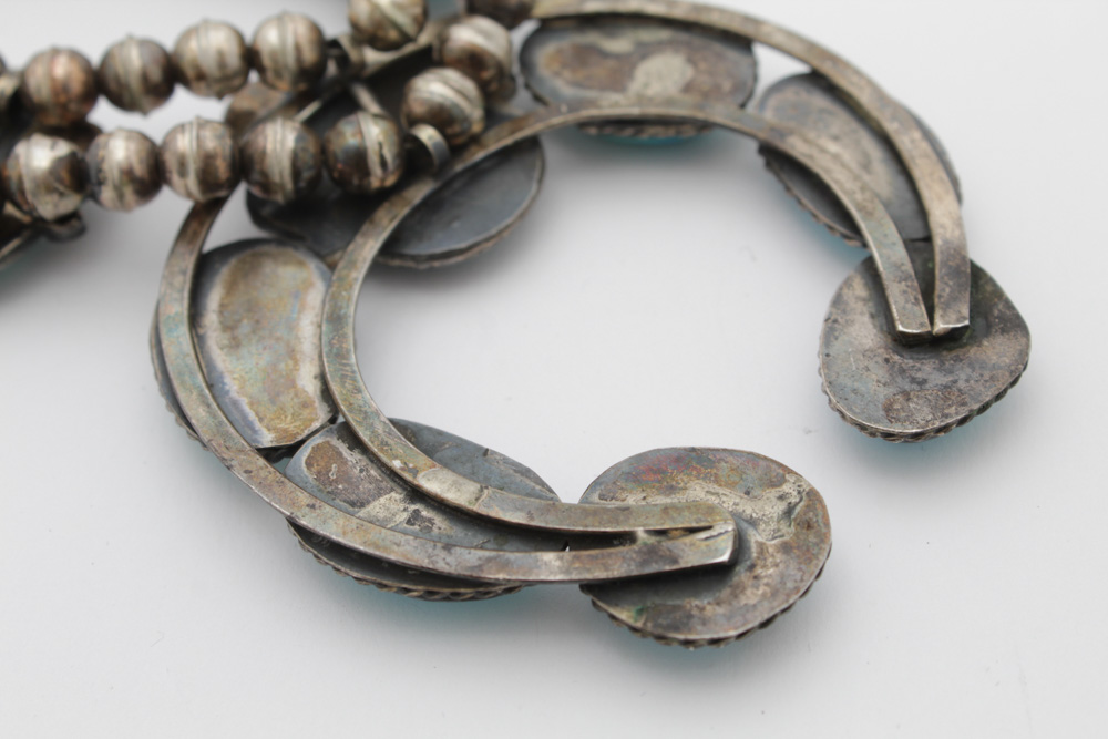 Native American Style Sterling Silver Turquoise Squash Blossom Necklace